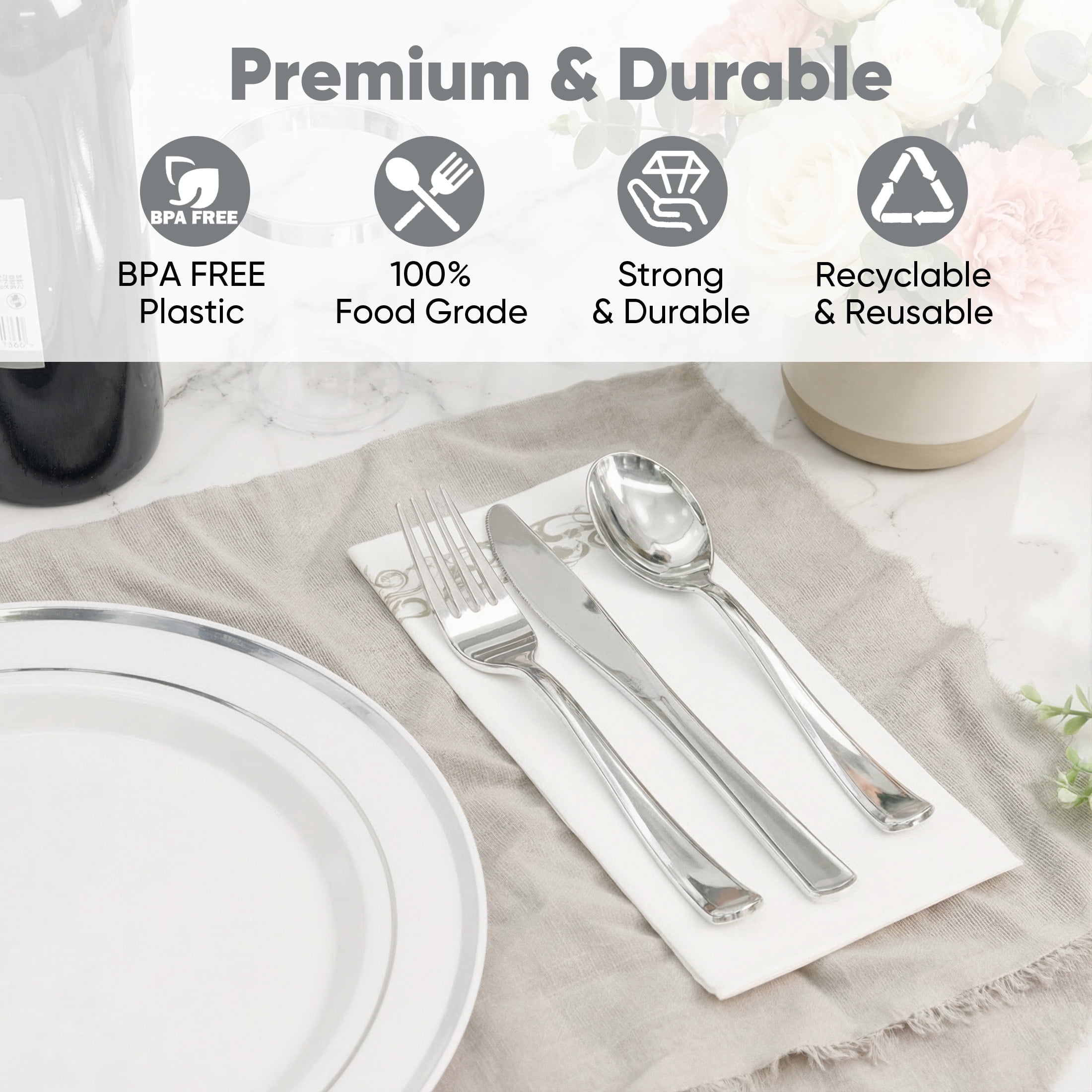 Daluvenix 350 Silver Plastic Dinnerware Set for 50 Guests, Silver Plastic Plates for Party, 50 Disposable Plates, 50 Dessert Plates, 50 Napkins with Silverware, 50 Cups