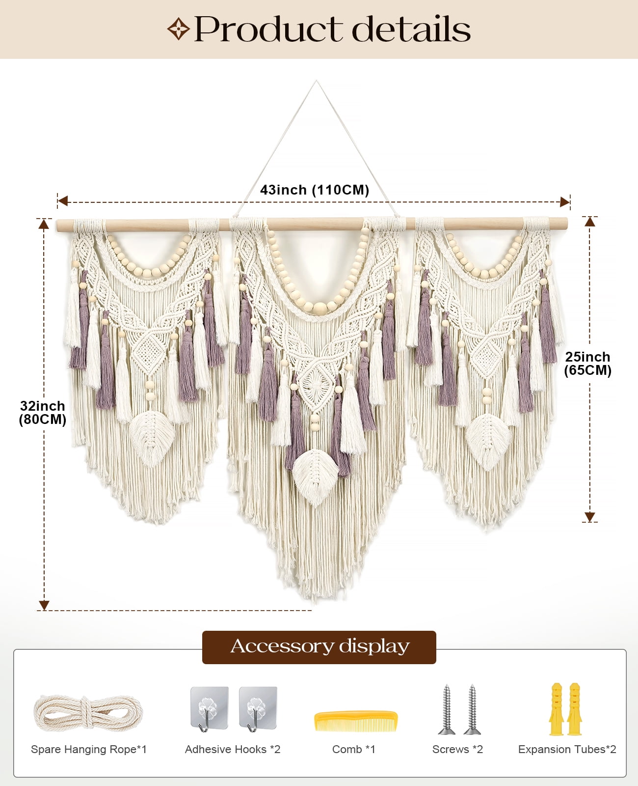 Klamerit Macrame Wall Hanging Decor, 43x32" Large Macrame Wall Hanging, Chic Boho Woven Tapestry Decoration , Leaf Bead