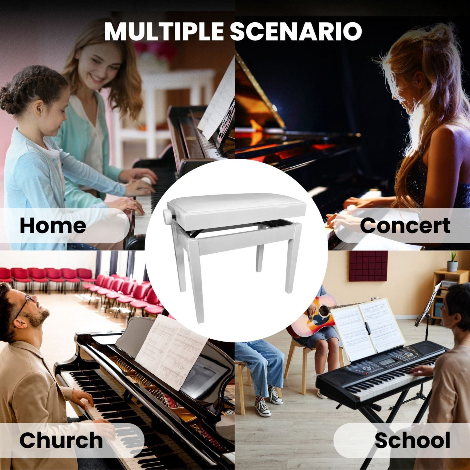 Adjustable Piano Bench - Padded Solid Wood Keyboard Stool (18"-22") - White