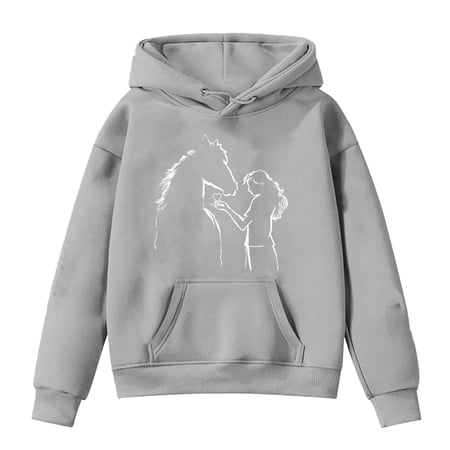 Yuncity Cute Hoodies for Teen Girls Kids Horse Print Long Sleeve Hoodies Tops Grey 12-13 Years