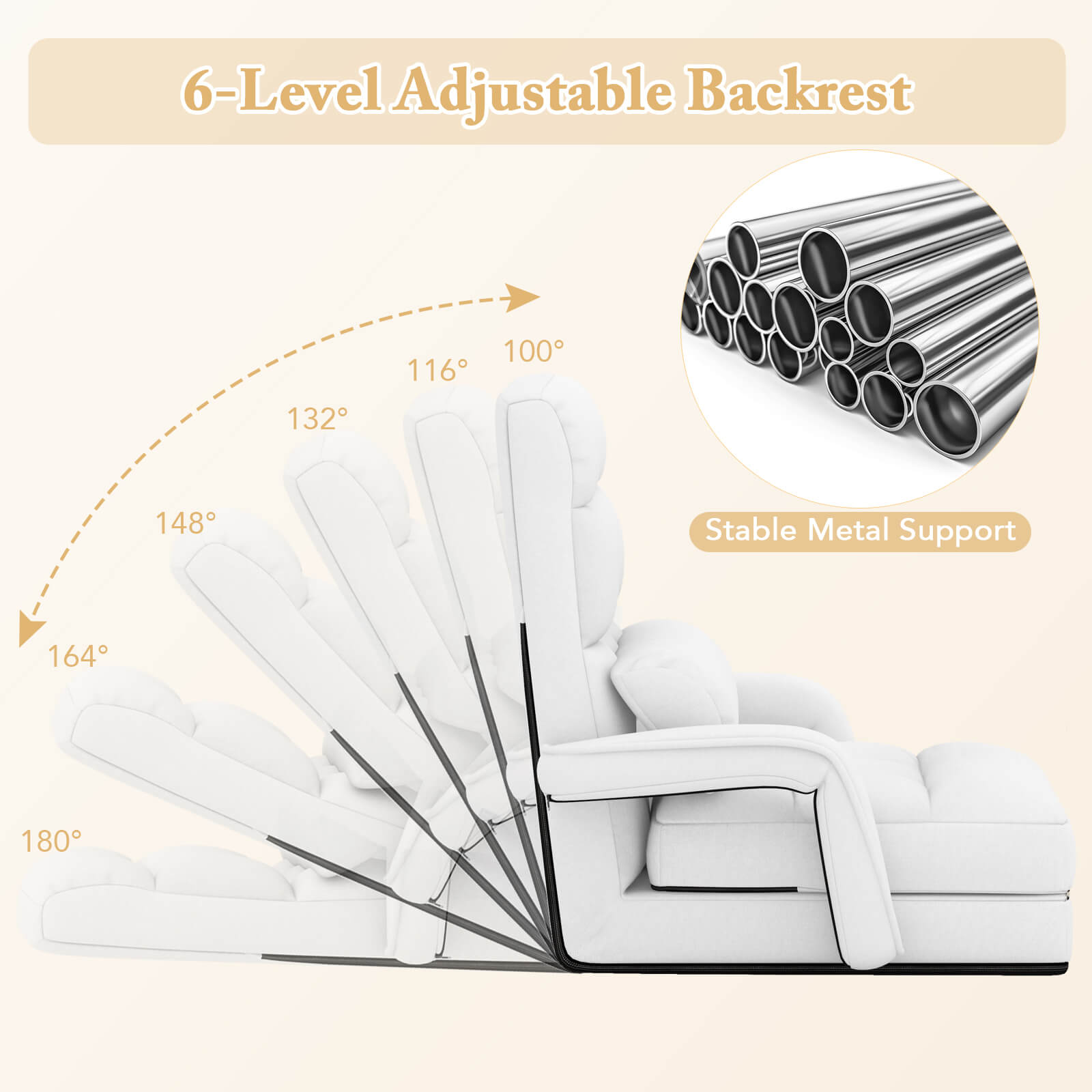 Costway Folding Floor Single Sofa Recliner Chair W/ a Pillow 5 Adjustable Backrest Position Leisure Lounge Couch White