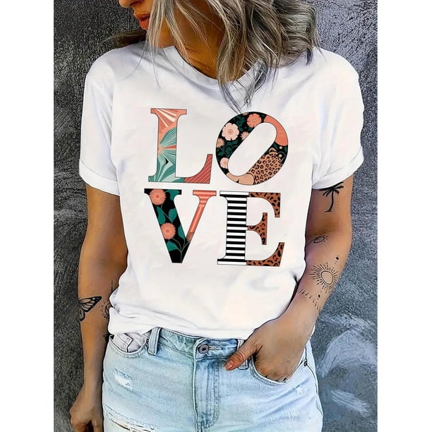 Everyday Comfort Women's Floral Print "LOVE" Graphic T-Shirt - Casual Round Neck Short Sleeve, Comfortable Polyester Blend Summer Top, Machine Washable, Vacation Clothing | Relaxed Fit Tee | Nontrans