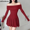thumbnail image 4 of Vestido mini de estilo grunge de Fairycore, con hombros descubiertos, manga larga, plisado, elegante, ajustado, color liso, para fiesta., 4 of 6