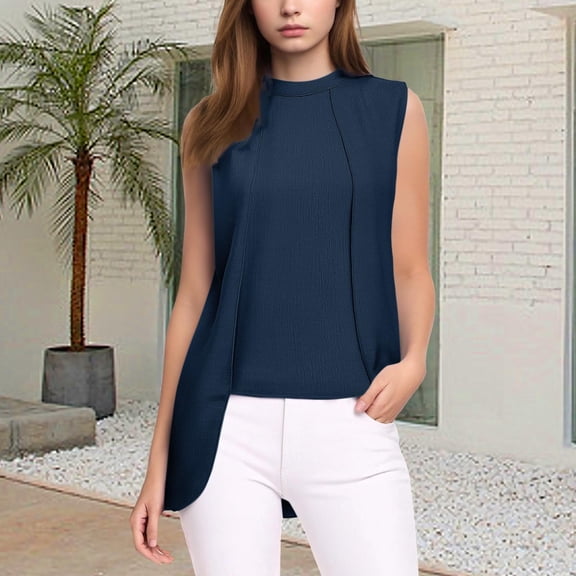 Women’s Tank Tops for Summer Casual Sleeveless Crew Neck Irregular Fit Slim Solid Color Tank Tops for Going Out Navy M