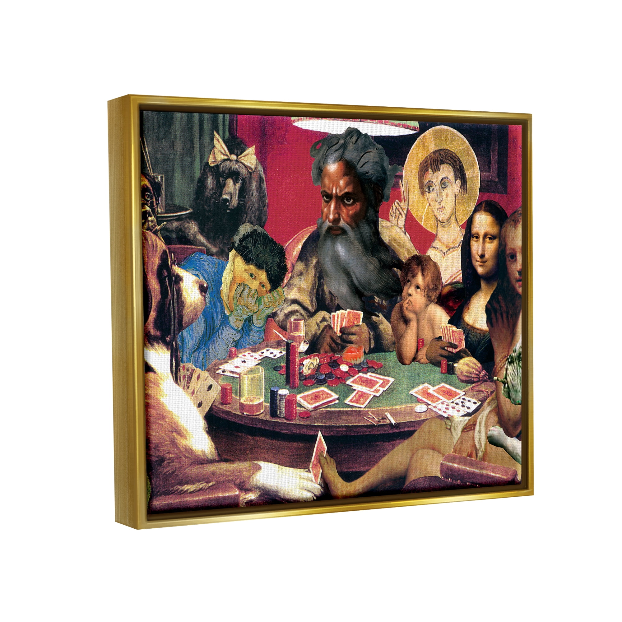 Stupell Industries Funny Classics Collage Novelty Painting Gold Floater Framed Canvas Art Print Wall Art, 21 x 17