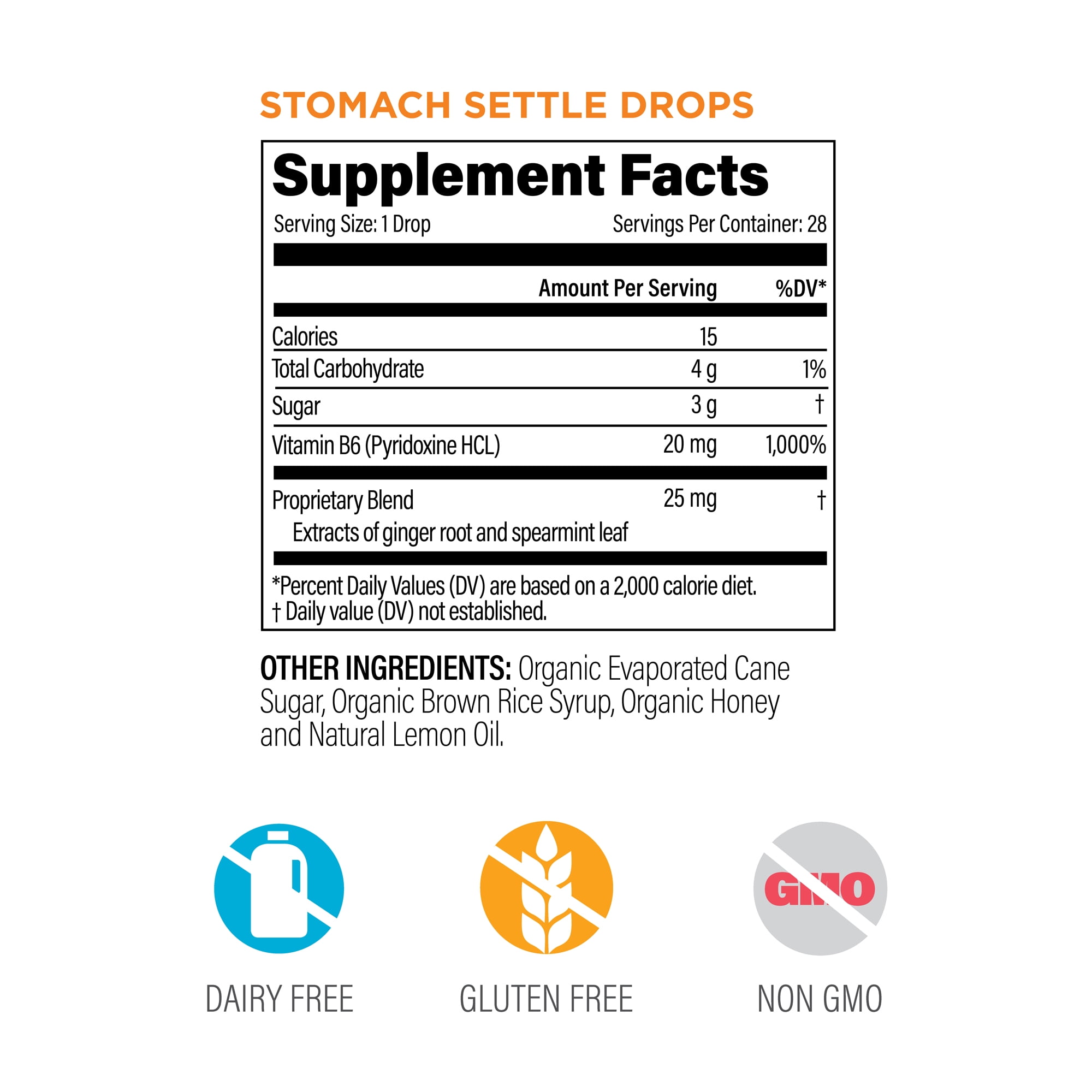 upSpring Stomach Settle Nausea Relief Drops, Lemon Ginger Honey, 28 Count