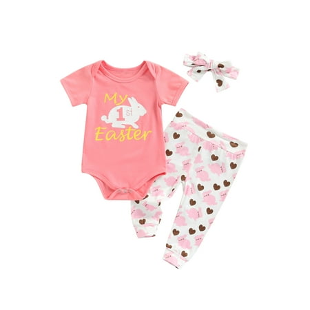 

Frobukio Newborn Baby Girls Easter Outfits My 1st Easter Romper Bodysuit Heart Bunny Pants Headband 3Pcs Clothes Set Pink 6-12 Months