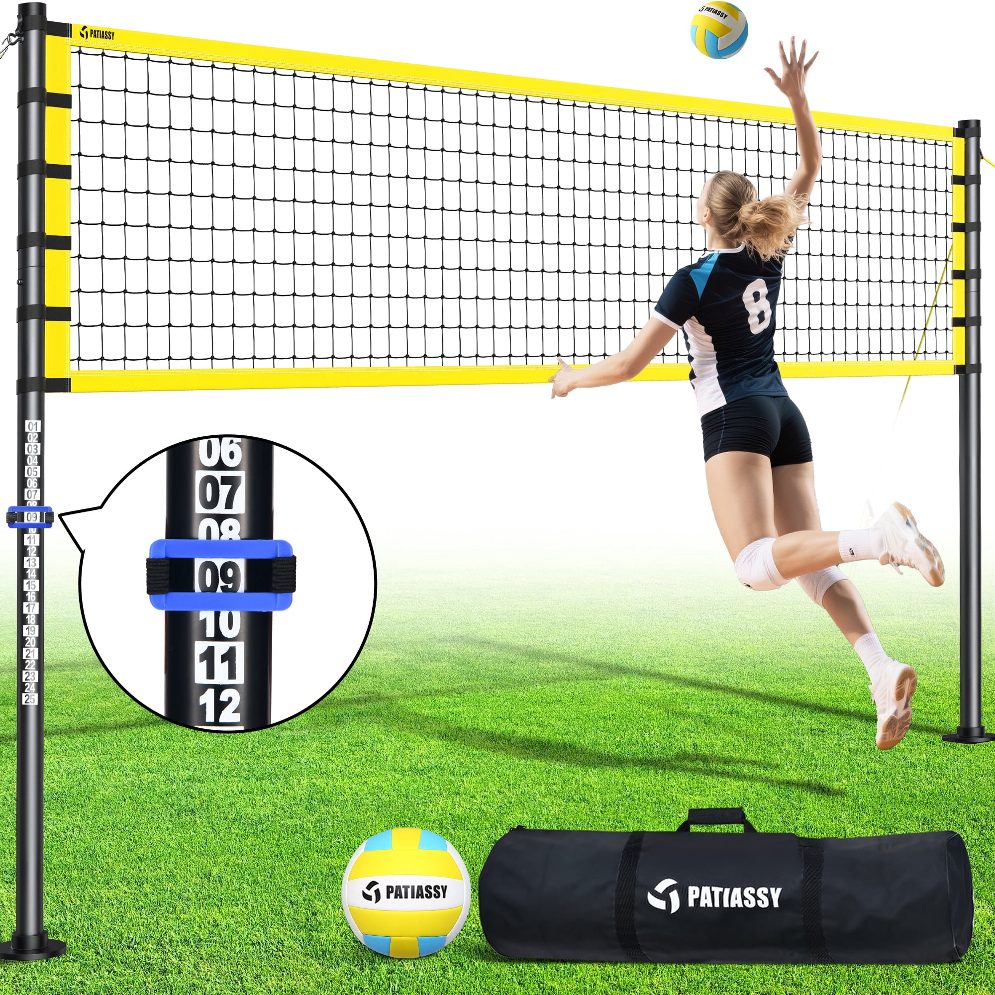 Patiassy 32ft Outdoor Portable Volleyball Net Set System - Adjustable Height Steel Poles, PU Volleyball with Pump and Carrying Bag for Beach Backyard
