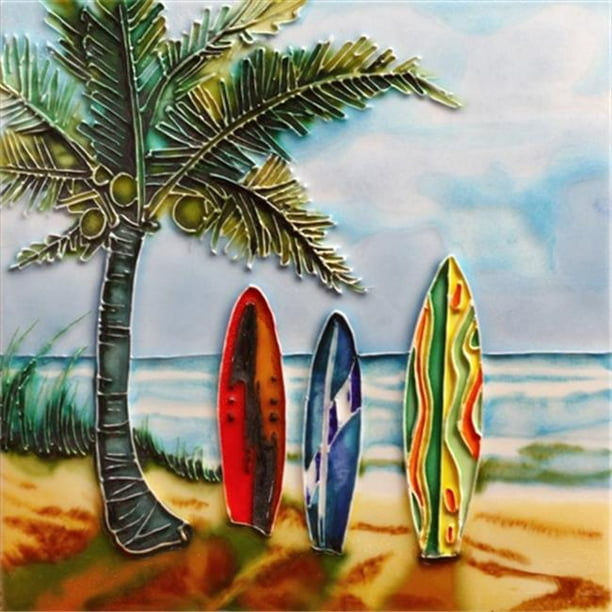 En Vogue B-301 Palm Tree Surfboards Vue de la Plage - Céramique Décorative d'Art Tuile - 8 Po x 8 Po
