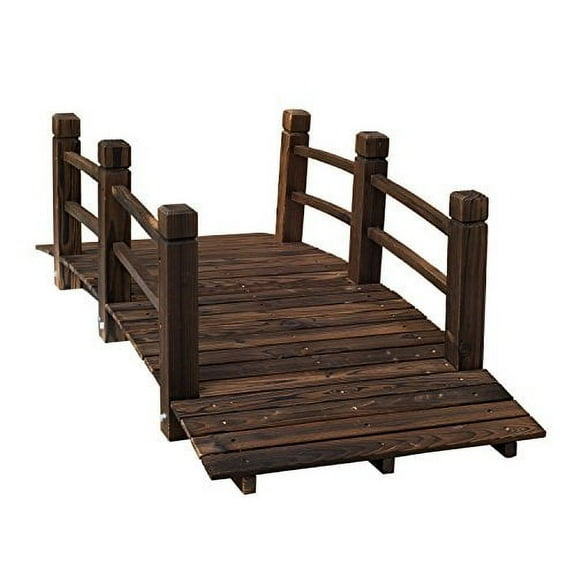 Outsunny 5 ft Wooden Garden Bridge Arc Stained Finish Footbridge with Railings for Your Backyard, Stained Wood