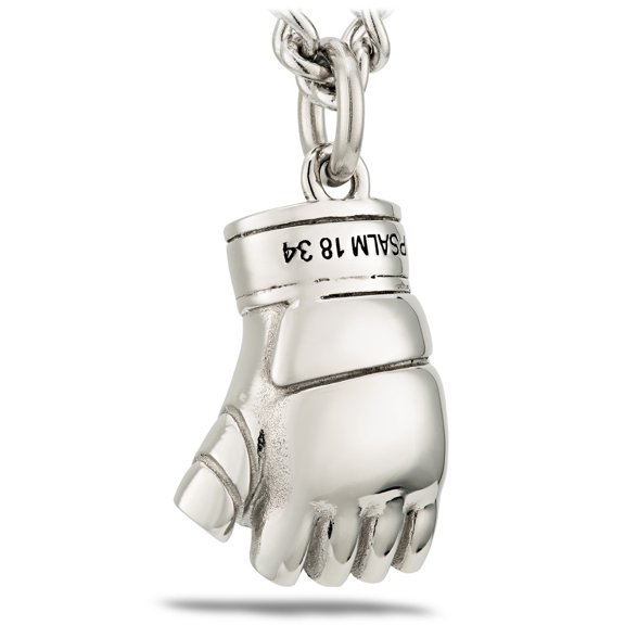 Women's Stainless Steel MMA Glove Necklace- Psalm 18:34 by Shields of Strength