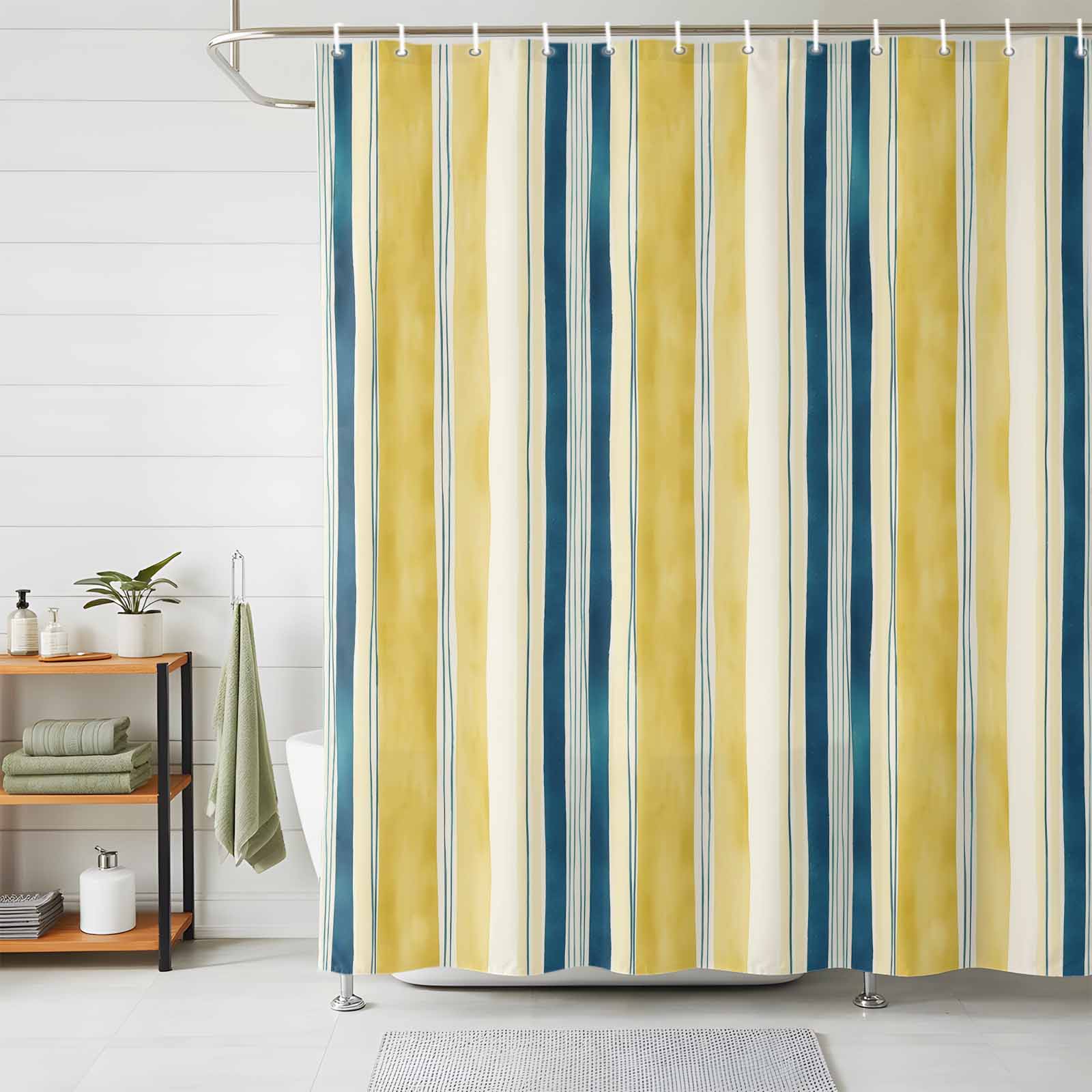 Bathroom Shower Curtain Gradient Yellow Blue Stripes Waterproof Shower Curtains with Hooks, Abstract Watercolor Line Bath Curtains Bathtub Curtain Home Decor 72x72in