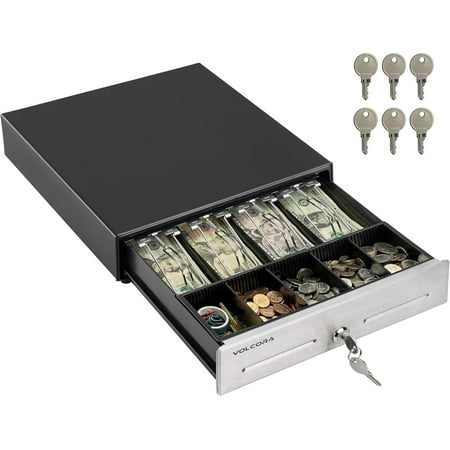 13-inch cash drawer suitable for point of sale (POS) systems 4 bill and 5 coin cash trays black and stainless steel front panel cash drawer removable coin tray 12-24 11/12 key lock.