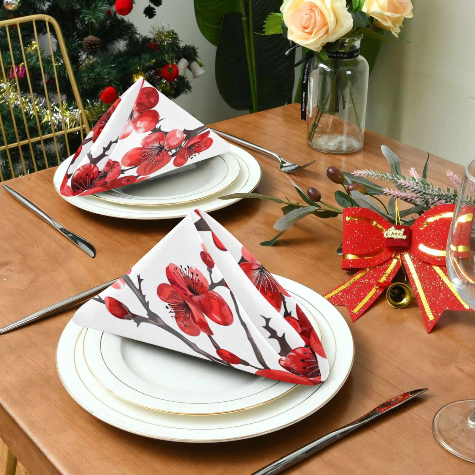 JSTEL Red Cherry Blossom Flower Cloth Napkins Set of 6, 20x20 Inch Washable and Reusable Napkin for Decoupage Dinner Party Everyday Use