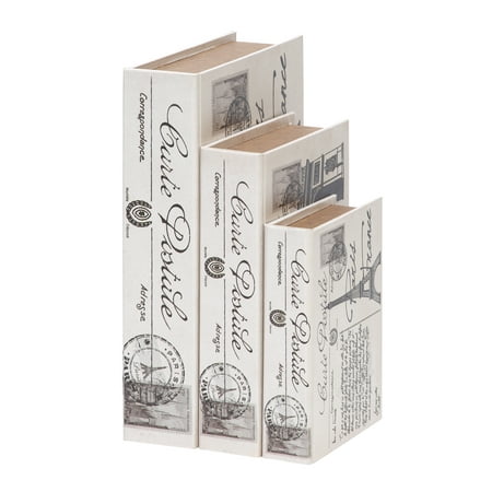 Decmode Set of 3 Wood and Leather Paris Book Boxes, White