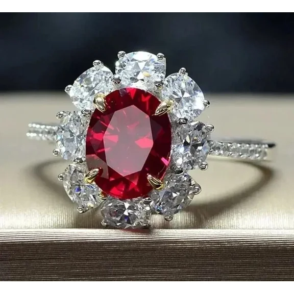 3Ct Oval Cut Simulated Red Ruby Flower Women's Cocktail Wedding Ring 14K White Gold Plated