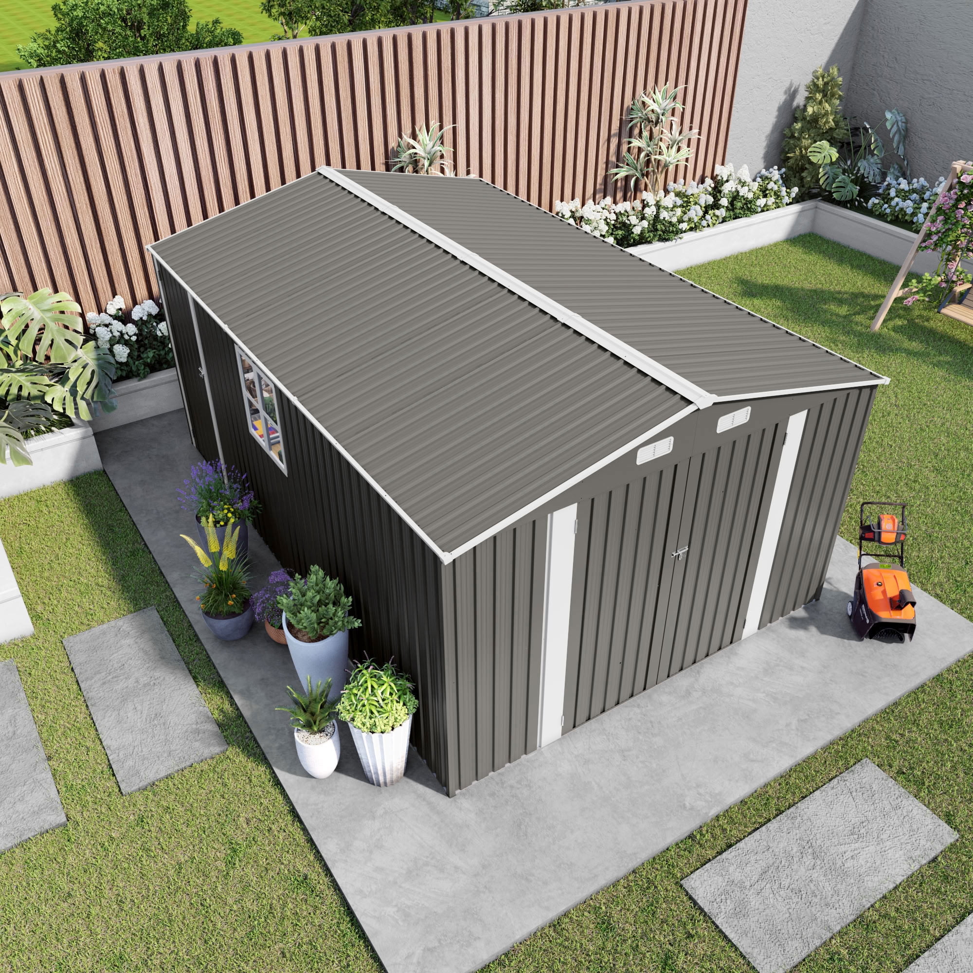 MAYEERTY 10x14 FT Large Metal Outdoor Storage Shed, Galvanized Steel Tool Shed with 3 Lockable Doors, Window & Waterproof Roof