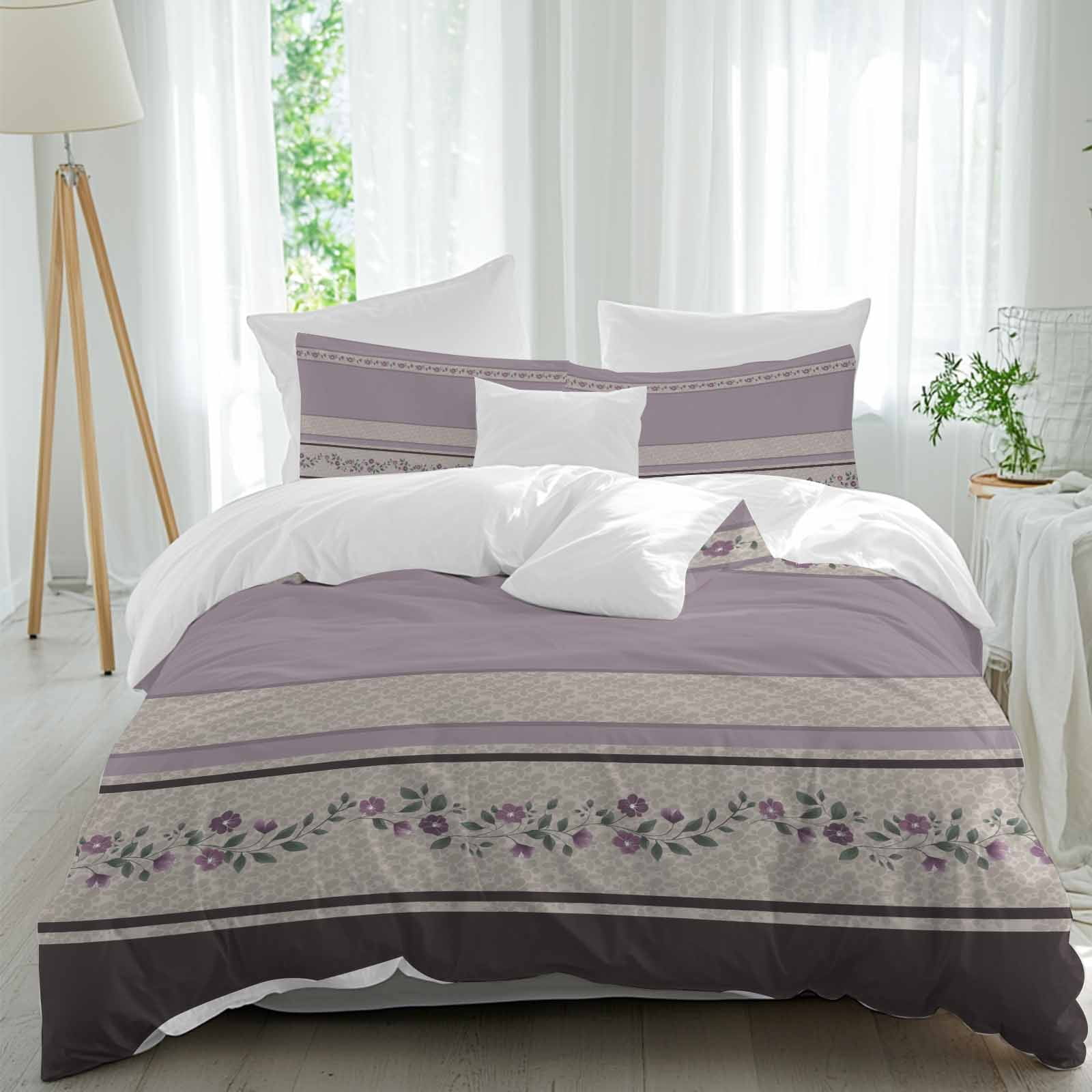 Purple Floral Bedding 3 Piece Duvet Cover Set California King, Modern Farmhouse Leaves Brown Striped Microfiber Comforter Cover with Zipper Closure & Pillowcases, Wrinkle & FadeResistant Quilt Cover