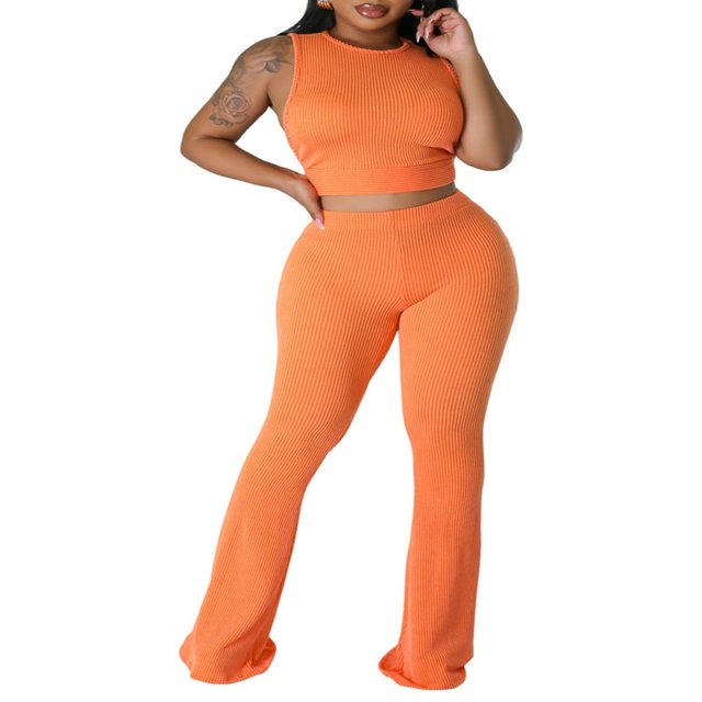 Stylish Women‘s Solid Color Ribbed Tank Tops and Flared Pants Set