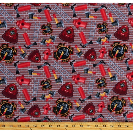 Cotton Fire Department Firefighters Gear Equipment Hats Fire Hydrants Extinguishers Axes Ladders Tools Red Brick First Responders Cotton Fabric Print by the Yard (118077)
