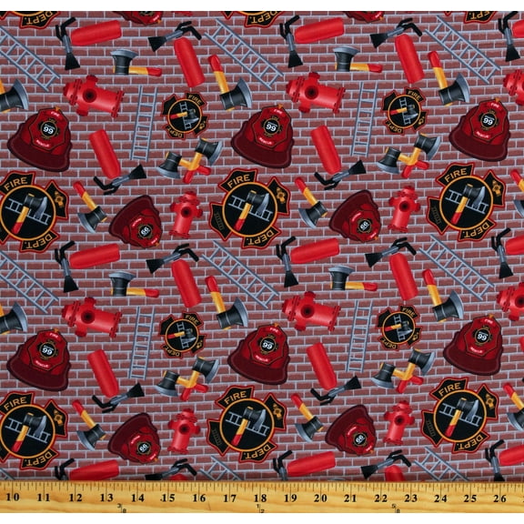 Cotton Fire Department Firefighters Gear Equipment Hats Fire Hydrants Extinguishers Axes Ladders Tools Red Brick First Responders Cotton Fabric Print by the Yard (118077)