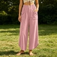 thumbnail image 6 of Womens Cotton Linen Loose Casual Long Pants with Pockets, Elastic Waist Straight Leg, Stylish Button Design, Lounge Summer Travel Daily Wear | VerBelle,Pink M, 6 of 7