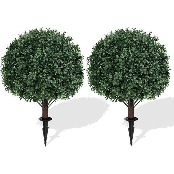 Artificial Rose Topiary Ball Trees with Ground Spike, 2 Pack 16 Inches Artificial Shrubs, Fake Evergreen Artificial Plant Brush for Indoor Outdoor Front Porch Garden