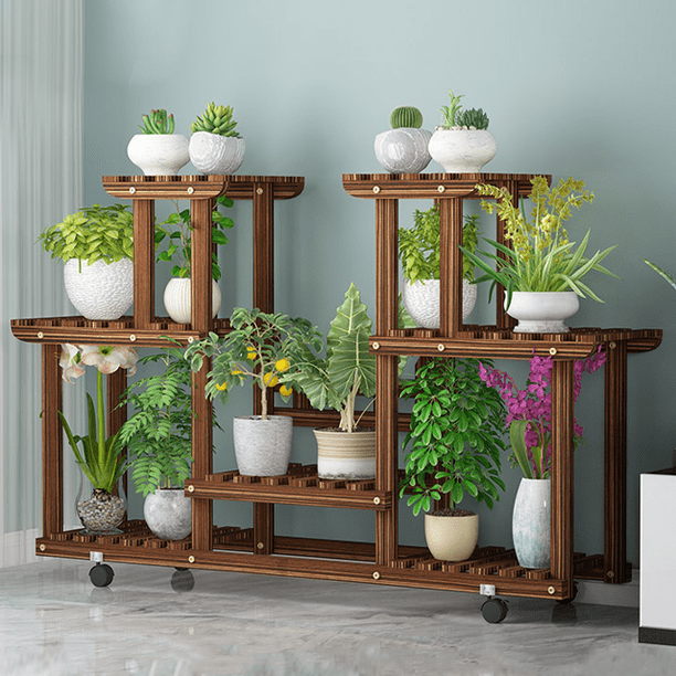MoNiBloom Wooden Plant Stand Rack with Wheels, 4 Tier Rolling Plant ...