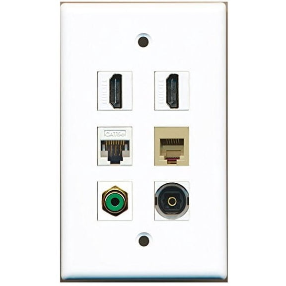 RiteAV - 2 HDMI 1 Port RCA Green 1 Port Phone RJ11 RJ12 Beige 1 Port Toslink 1 Port Cat5e Ethernet White Wall Plate