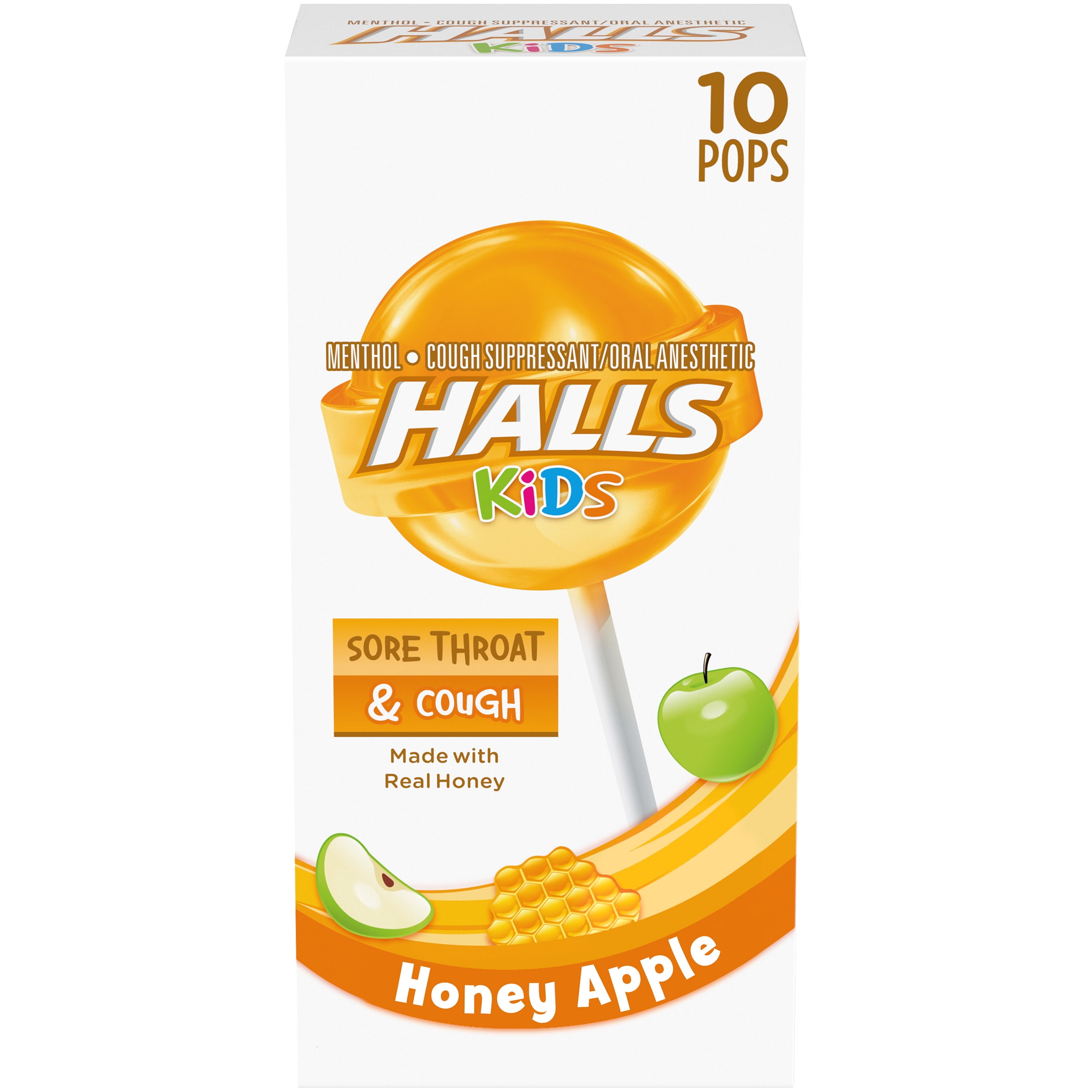 HALLS KIDS Honey Apple Cough & Sore Throat Pops, 10 Pops