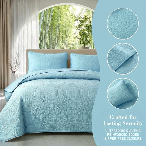 Solid Color Embossed Bedspread Set-2/3PCS, 1 Bedspread 1/2 Pillowcases, Lightweight Lyocell-Blend, Skin-Friendly Breathable, Wrinkle Resistant, All-Season Use(Light Blue,Twin)