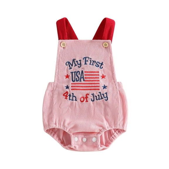 BemeyourBBs Newborn Baby My First 4th of July Outfit Baby Boy Girl Patriotic Independence Day Outfit Summer Bubble Romper Overalls Letter USA Flag Embroidery Sleeveless Jumpsuit Overalls