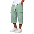 thumbnail image 2 of Nestiefly Long Cargo Shorts for Men Below Knee Waffle Drawstring Capris Pants Elastic Waist Lightweight Summer Resort Wear Light Green M, 2 of 8