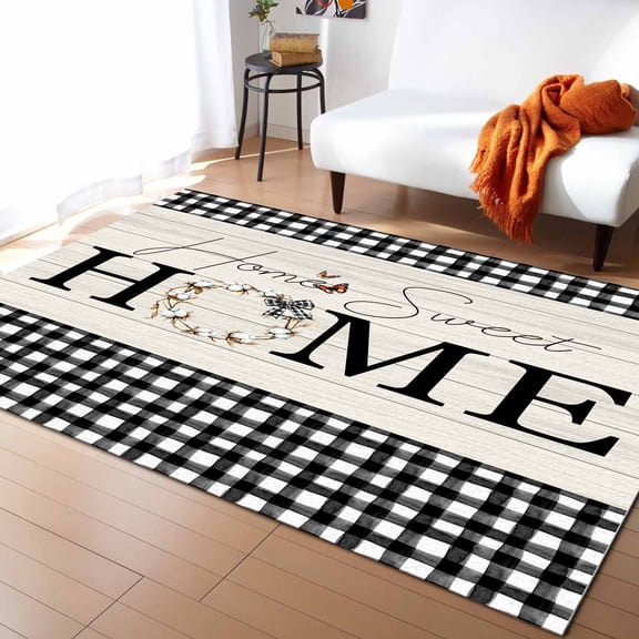 Area Rugs Indoor Non-Slip Rectangle Rug 4x6 Ft Country Home Sweet Home Black White Plaid Wood Texture Rug Rubber Backing Floor Mats Non Shedding Home Decor Carpet for Entryway Living Room