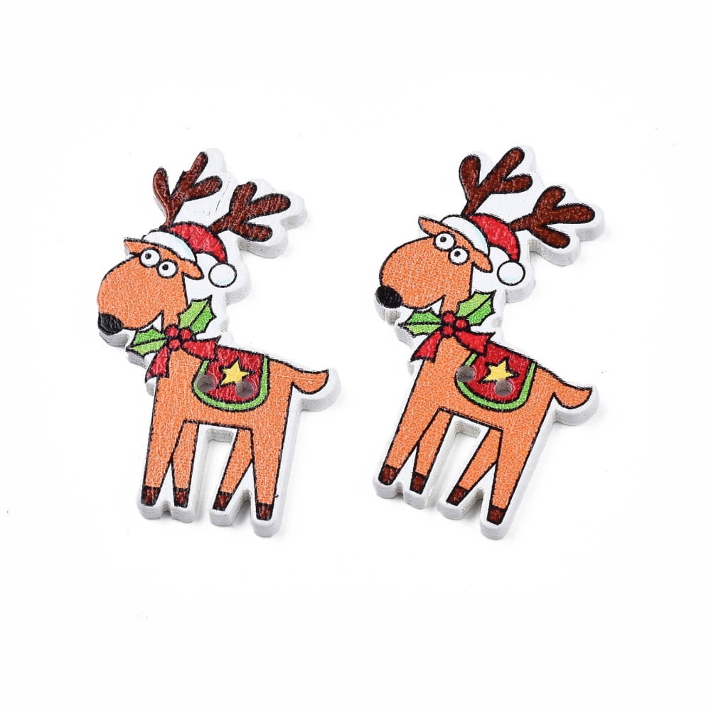 1000pcs Christmas 2-Hole Spray Painted Maple Wooden Buttons Single-Sided Printed Christmas Reindeer/Stag Sandy Brown 40x25.5x2mm Hole: 1.6mm