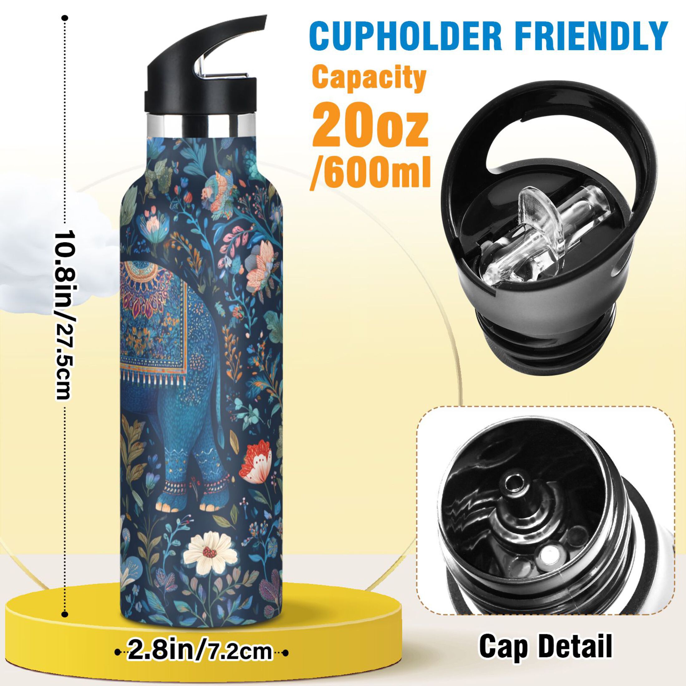 600ML Stainless Steel Insulated Cup Sports Water Bottle Portable Thermos Cup Water Glasses Insulated Tumblers Convenient and Durable Cartoon Blue Elephant