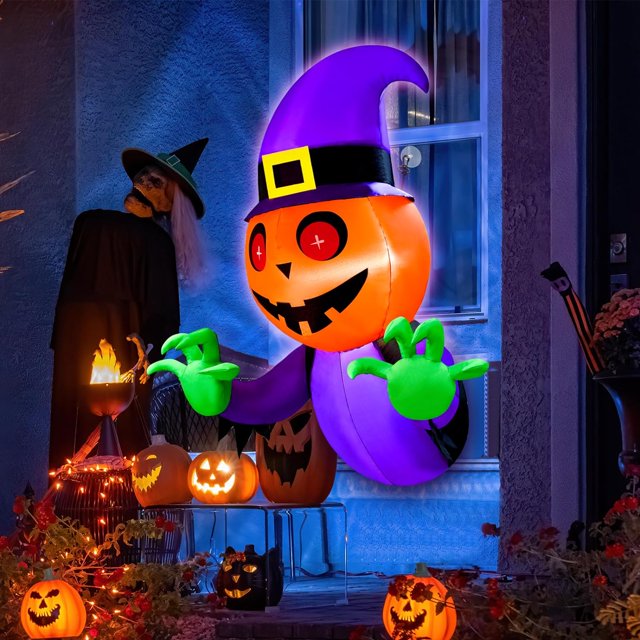 EAONE Inflables de Halloween de 4.5 pies Decoraciones al aire libre Calabaza Fantasma salió de la ventana, Inflable de Halloween con luces LED incorporadas para decoraciones de Halloween Fiesta al air