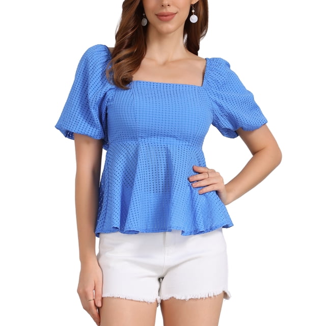 INSPIRAR CHIC Mariposa con lazo trasero para blusa de manga abullonada de mujer, cuello cuadrado casual, blusa peplum M azul