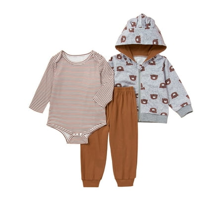 

LAPAKIDS Baby Boy 3Pcs Outfits Set Bodysuit Top + Pants +Zip Up Hoodie Jacket 3-6 Months
