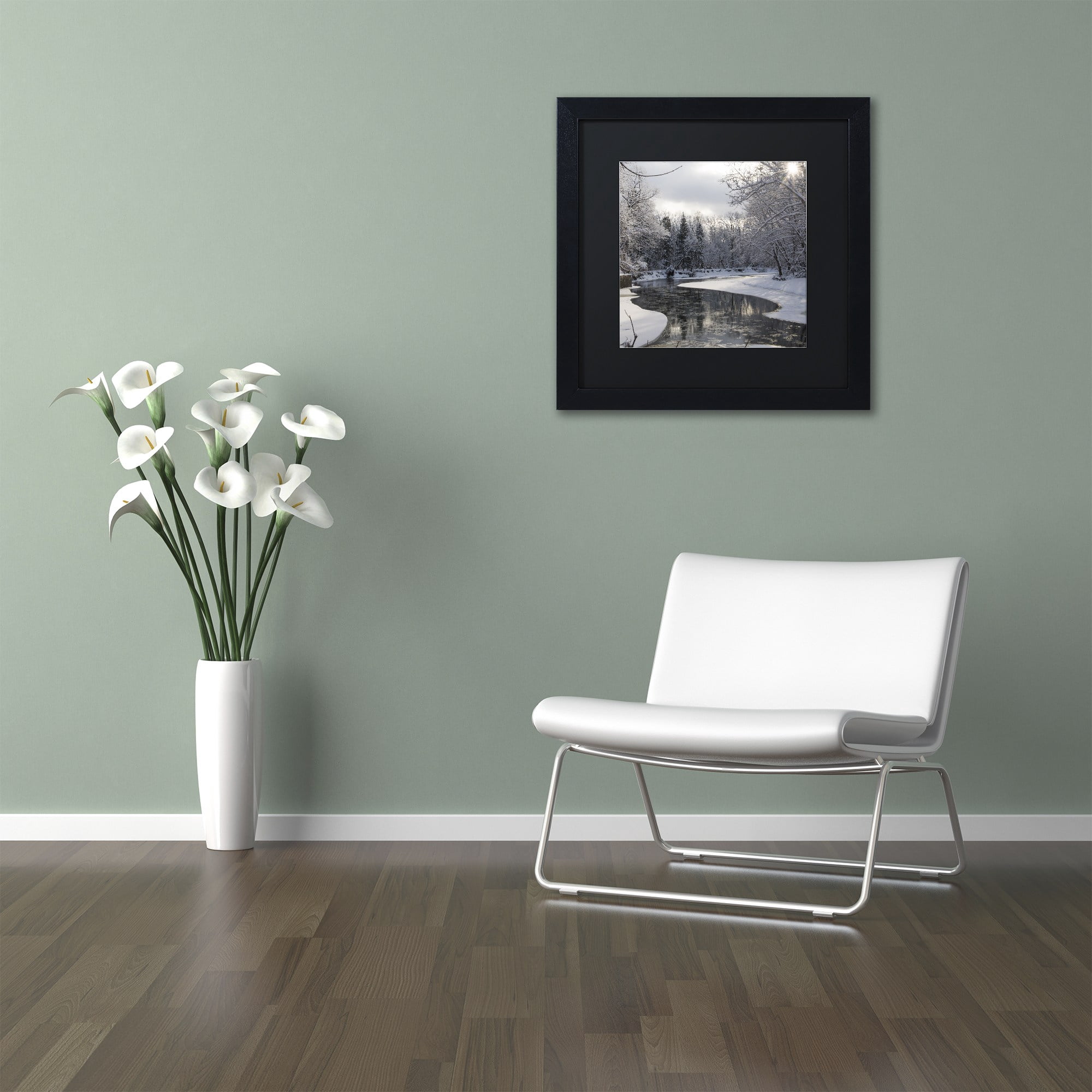Trademark Fine Art "Fresh Snowfall on the River" Canvas Art by Kurt Shaffer Black Mat, Black Frame