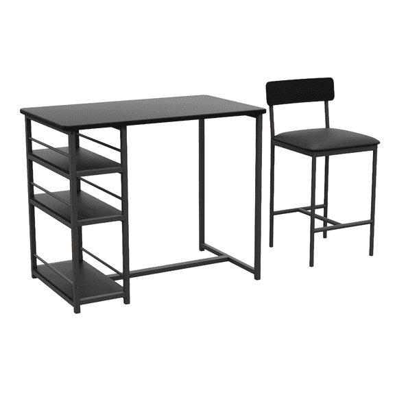 Compact Bar Table Set for 2 with Storage Shelves and Padded Stools, Ideal for Small Spaces and Apartments,Grey