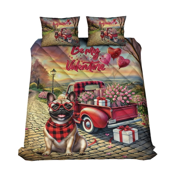 Be My Valentine's French Bulldog Truck Full of Love Flower Balloon Quilt Bedding Set Dog Lover Gifts 1 Blanket Bed Cover 2 Pillowcases - 02029