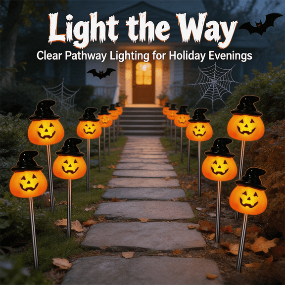 Solar Halloween Pumpkin Stake Lights, 5 Pack Jack‑O‑Lantern Pathway Lights with Witch Hat, Solar Powered Outdoor Halloween Decor for Yard Lawn Garden Walkway, IP65 Waterproof Warm LED Halloween Light
