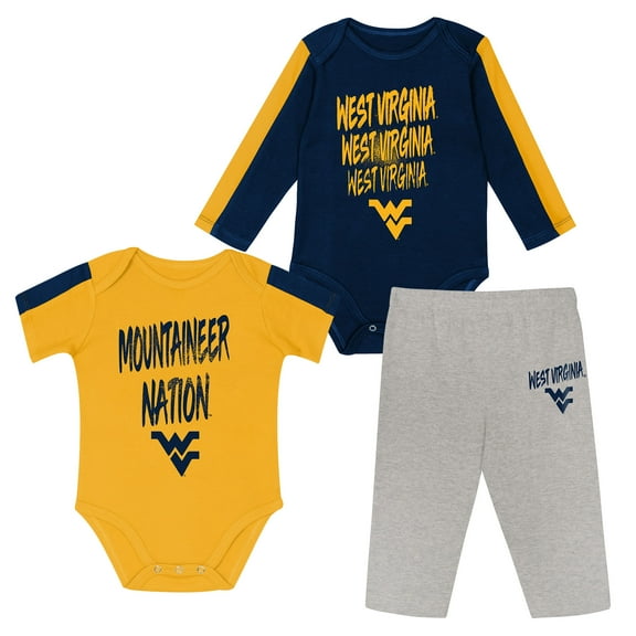Infant Outerstuff Navy/Gold West Virginia Mountaineers Double Down Bodysuit and Pants 3-Piece Set