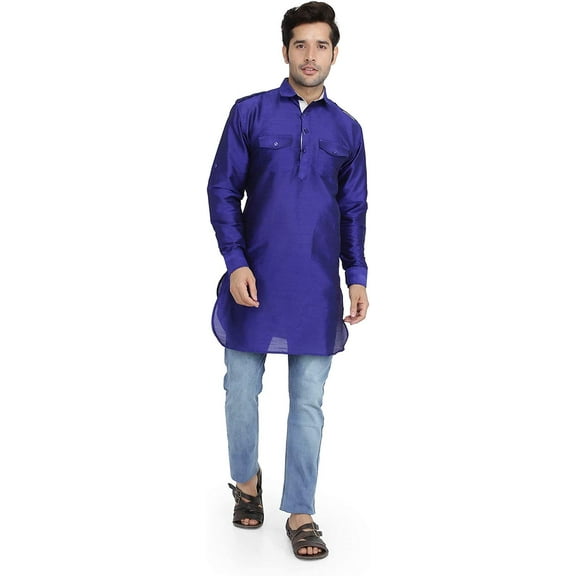 Royal Kurta Mens Silk Pathani Kurta Blue 42