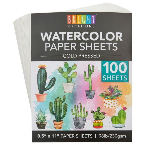 Bright Creations Printable Cold Pressed Watercolor Paper Bulk Pad - 100 Sheets, 8.5 x 11 in, 230 GSM, White - Painting Paper for Acrylics & Sketching