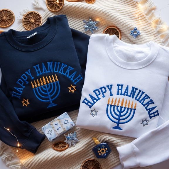 Embroidered Happy Hanukah Sweatshirt, Hanukkah Menorah Shirt, Jewish Holiday Chanukah Shirt, Jewish Xmas Sweater, Jewish Religious Shirt