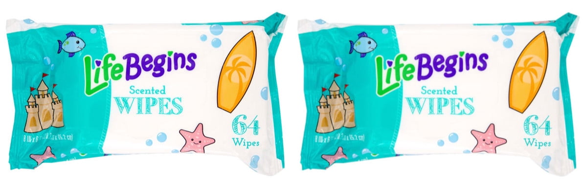 2 Pack QC Life Begins Scented Aloe Baby Wipes, 64 Count Each