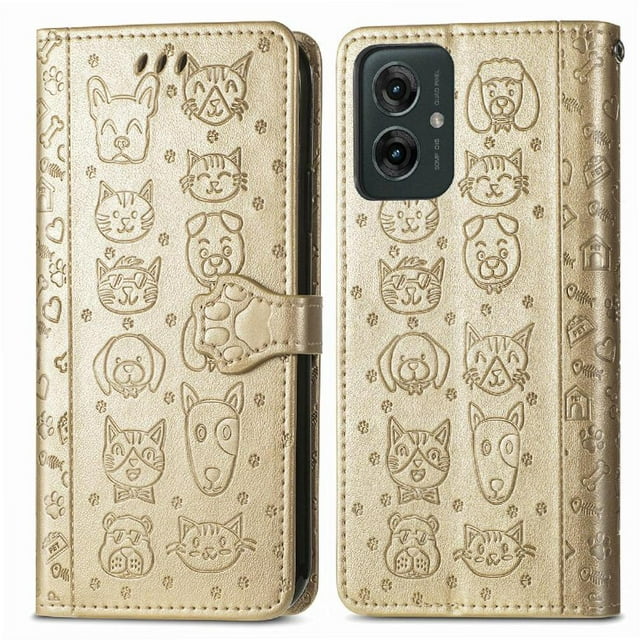 Funda Cartera FOXDOCK para Motorola Moto G35 , Flip PU con Relieve de Gatos y Perros, Tarjetero y Soporte