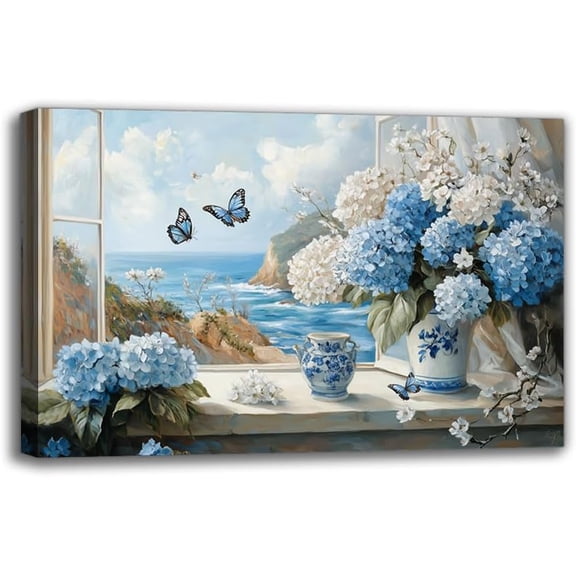 Modern Blue and White Hydrangea Canvas Wall Art Prints - Vibrant Framed Seascape Art Painting Wall Decor for Living Room Bedroom Kitchen Farmhouse Festival Gift for Her Him (12W X 8L)